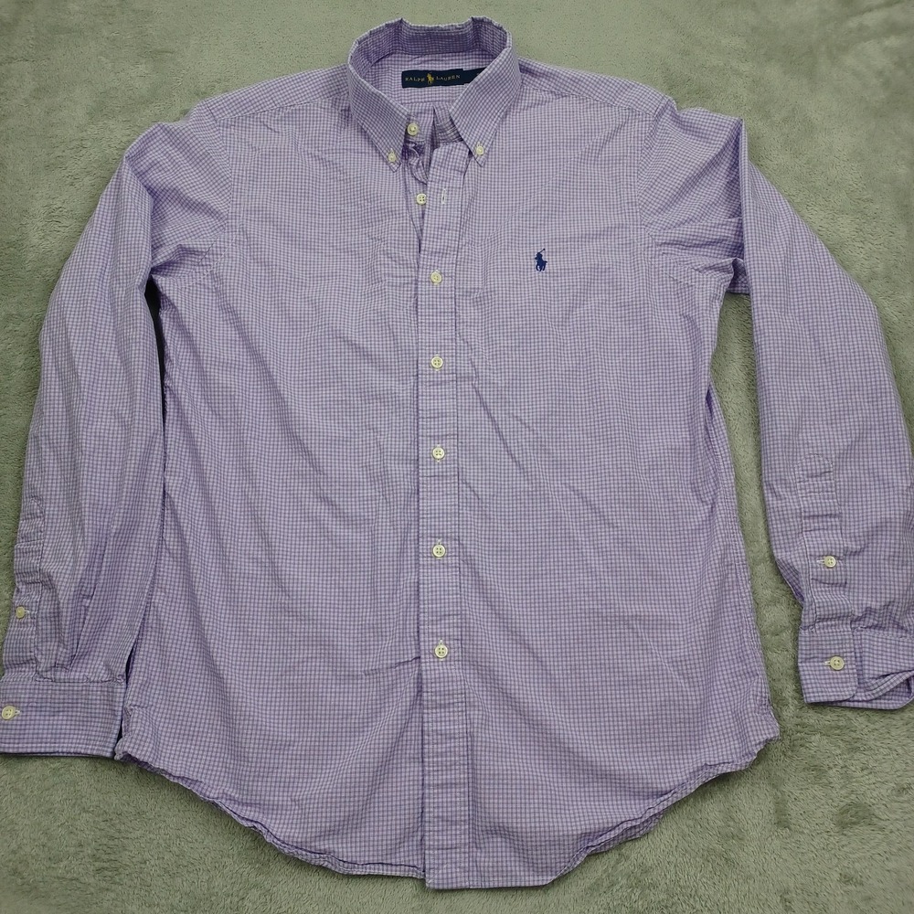Polo Ralph Lauren Shirt Mens Medium Purple Plaid Classic Fit Cotton Long Sleeve